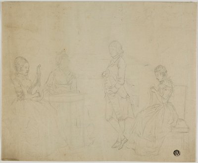 Skiss över familjegruppen med tre sittande kvinnor och stående ung man av Johann Friedrich August Tischbein