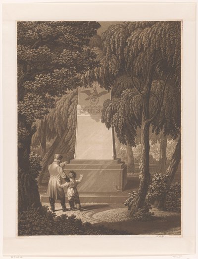 Man med ett barn framför ett monument över en fallen arméofficer av Johann Friedrich Frick