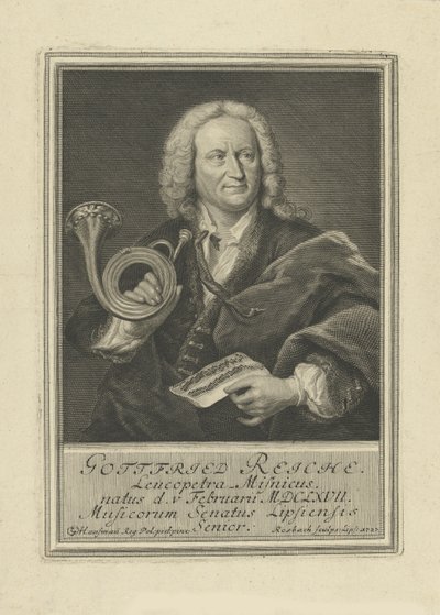 Porträtt av trumpetaren och kompositören Gottfried Reiche 1667-1734, 1727. av Johann Friedrich Rosbach
