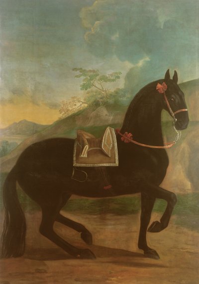 En svart häst med en spansk sadel av Johann Georg Hamilton