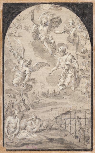 Helgon som går i förbön med Kristus för att inte kasta åskbulten över staden Augsburg av Johann Georg Melchior (1625 1705) Schmittner
