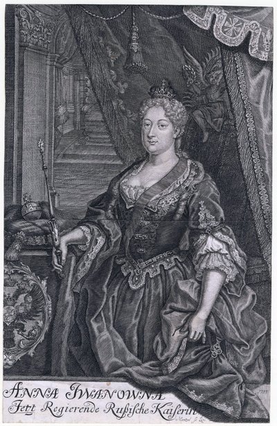 Anna Ivanovna var kejsarinna av Ryssland från 30 januari 1730 till 29 oktober 1740. - Porträtt av kejsarinna Anna Ioannovna (1693-1740) - Mentzel (Menzel), Johann Georg (1677-1743) - 1733 - Kopparstick - 32,3x2. 6 -Privat samling av Johann Georg Menzel