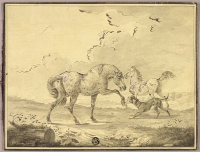 Två hästar slåss mot hund av Johann Georg Pforr