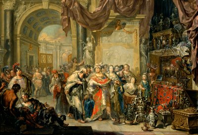 ""Cresus (596-546 avant JC) montre ses tresors a Solon (640-558 av. JC)"" - Croesus och Solon - Olja på koppar av Johann Georg Platzer (1704-1761) - Statens konstgalleri, Dresden av Johann Georg Platzer