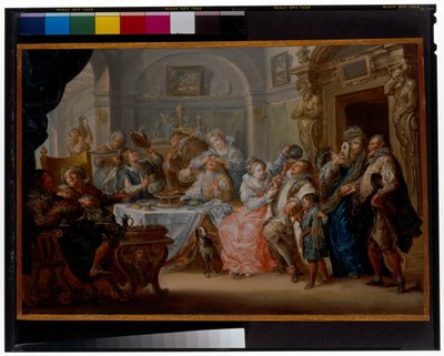 Interiör med eleganta figurer i maskeraddräkt fest av Johann Georg Platzer