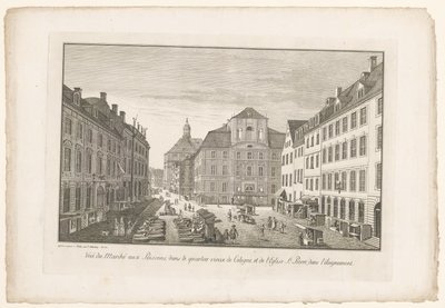 Vy över en fiskmarknad i Köln med Sint-Petruskerk Utsikt över fiskmarknaden i Kölns gamla stadsdel och Eglise St. Pierre, dans l