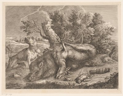 Jakthund och jaktbyte med vildsvin, rådjur och fåglar Jakt utomhus (serietitel) av Johann Georg Wachsschlunger