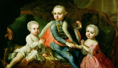Tre barn som sitter på en soffa, sägs vara medlemmar av familjen Esterhazy, 1771 (olja på ofodrad duk) av Johann Georg Weikert
