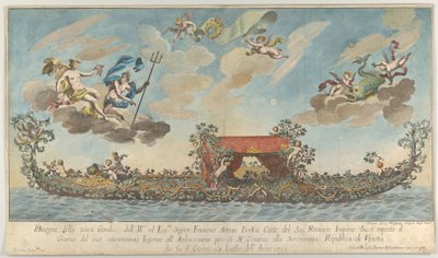 Francesco Antonio Berkas mycket prydda tredje gondol på väg in i Venedig, Gods on cl..., 1700. av Johann Georg Wolfgang
