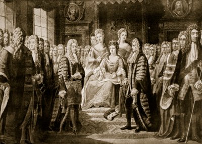 Unionsartiklarna presenteras för drottning Anne, 1706, illustration från "Hutchinson