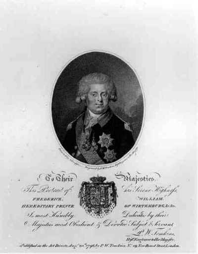 Porträtt av Frederick William III (1770-1840), ärftlig prins av Wirtemburg, graverad av Peltro William Tomkins (c.1759-1840), publicerad av P.W.Tomkins, 20 augusti 1796 av Johann Gottlieb after Schweppe