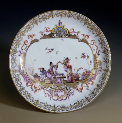 Tysk konst: Meissen Porslin. Chinoiserie som representerar asiatiska karaktärer som dricker teet. Fat dekorerad av Johann Gregor Hoeroldt (eller Herold 1696-1775), cirka 1730. Paris, Dekorativ konst av Johann Gregor Herold