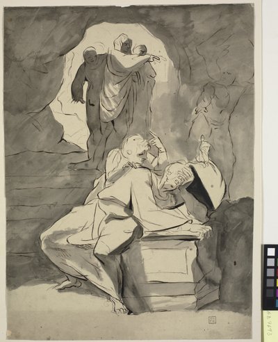En man i förtvivlan över en gravsten i en grotta med andra figurer av Johann Heinrich Füssli
