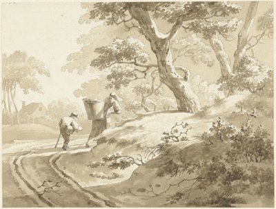 Landskap med en kvinna och en pojke på en landsväg av Johann Heinrich Keller (II) (possibly)