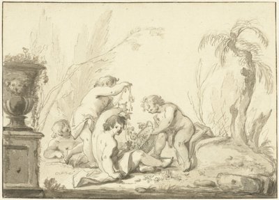 Allegorisk representation med barn med en korg med blommor av Johann Heinrich Keller (II)