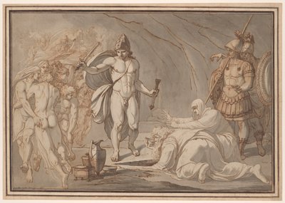 Odysseus, vid Hades portar, möter Tiresias och Anticleas skuggor av Johann Heinrich Lips