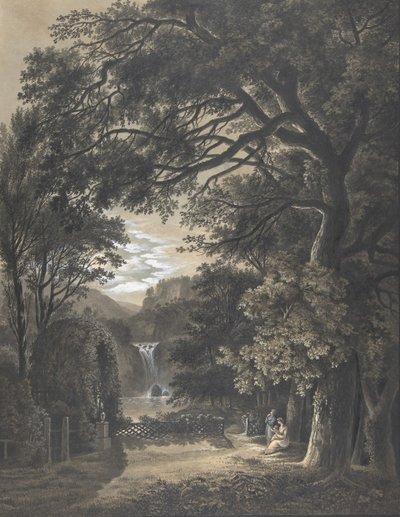 Familj samlad före ett monument i ett landskap med ett vattenfall, 1805. av Johann Heinrich Meyer
