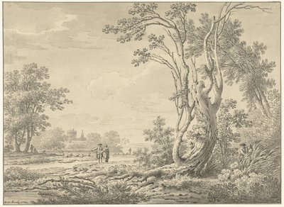 Södra landskap med slott, boskap och vandrare av Johann Heinrich Muntz