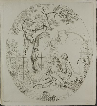 Skäggig man spionerar på älskande under en trädkrona av Johann Heinrich Ramberg
