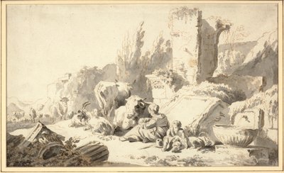 En förare med sin familj och boskap bredvid klassiska ruiner av Johann Heinrich Roos