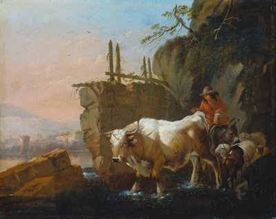 Herdar driver boskap genom ett vadställe av Johann Heinrich Roos