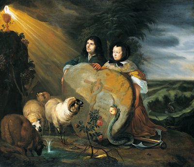 Självporträtt (?) med sin hustru och symboler för den kristna tron av Johann Heinrich Roos