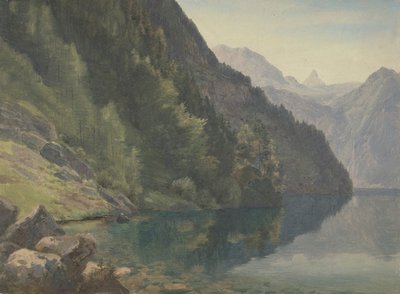 Skogbevuxen strand vid Kungsjön Königsee, första hälften av 1800-talet. av Johann Heinrich Schilbach
