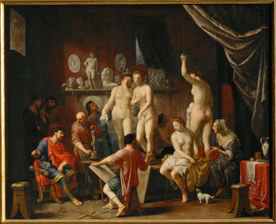 En konstnärsateljé med fem kvinnliga modeller (målning på duk) av Johann Heiss