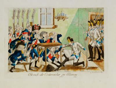Österrikiska soldater överraskar en fransk avdelning i dess kvarter i Bavai ... (gravyr) av Johann Hieronymus Loeschenkohl