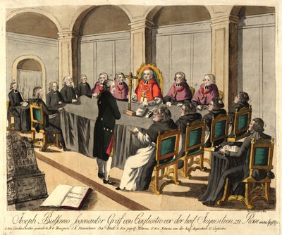 Joseph Balsamo, comte de Cagliostro, före inkvisitionen i Rom den 14 april 1791, 1791. av Johann Hieronymus Loeschenkohl