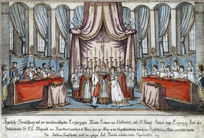 Marie-Louise gifte sig med Napoleon genom fullmakt i Wien, med ärkehertig Karl som ställföreträdare för Napoleon - Loeschenkohl, Johann Hieronymus (1753-1807) - 1810 - Etsning, akvarell - 33,4x44,5 - Privat samling av Johann Hieronymus Loeschenkohl