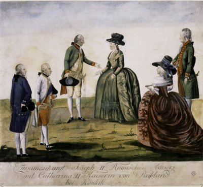 Möte mellan Katarina II och Josef II vid Dnepr på Ma... (färggravyr) av Johann Hieronymus Loeschenkohl