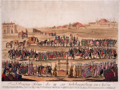 Sultanen Selim III:s (1761-1808) inträde i sabeln den 13 april 1789 - Loeschenkohl, Johann Hieronymus (1753-1807) - 1789 - Etsning, akvarell - 38,6x50,2 - Privat samling av Johann Hieronymus Loeschenkohl