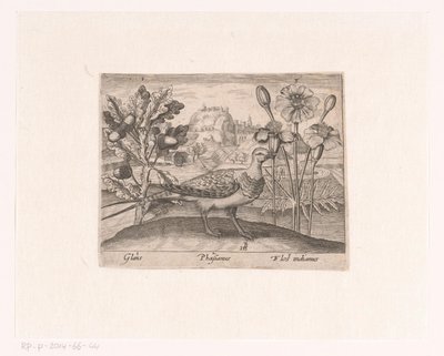 Serie av tryck med blommor och djur i ett landskap Landskap med ek, fasan och krysantemum Landskap med djur, växter och blommor (serietitel) av Johann Hogenberg