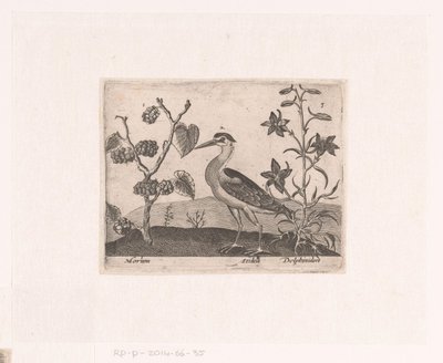 Serie av tryck med blommor och djur i ett landskap Landskap med häger och larksporre Landskap med djur, växter och blommor (serietitel) av Johann Hogenberg
