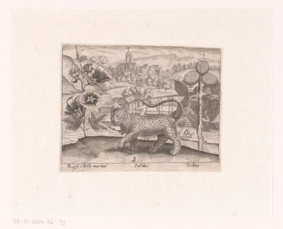 Serie av tryck med blommor och djur i ett landskap Landskap med stockrosa, leopard och plommonträd Landskap med djur, växter och blommor (serietitel) av Johann Hogenberg