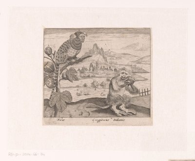 Serie av tryck med blommor och djur i ett landskap Landskap med fikonträd och apa Landskap med djur, växter och blommor (serietitel) av Johann Hogenberg