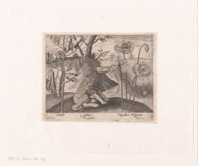 Serie av tryck med blommor och djur i ett landskap Landskap med varg och växter Landskap med djur, växter och blommor (serietitel) av Johann Hogenberg