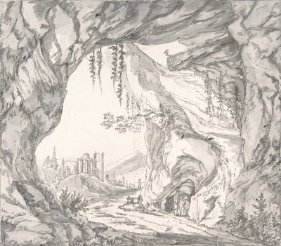Bergigt landskap med ruiner av ett slott och tre män i en grotta... sent 1700-tidigt 1800-tal. av Johann Huber