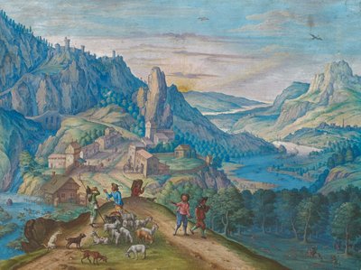 Bergslandskap vid mörkrets inbrott med floddal och figurer, 1640. av Johann Jacob Besserer