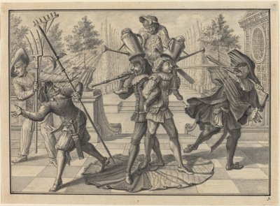 Harlequin och Scaramouche skapar en "fontän" av Johann Jacob Schubler