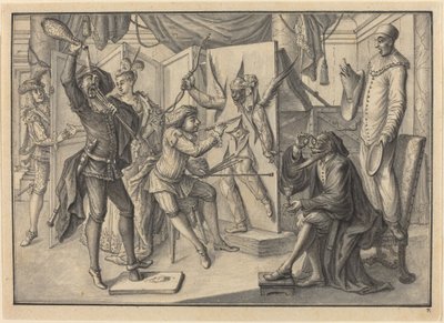 Mezzetin "målar" ett porträtt av Amor genom att klippa duken för att avslöja Harlequin av Johann Jacob Schubler