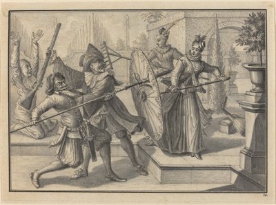 Pantaloon och doktorn slåss med Columbine och Brigatella i trädgården av Johann Jacob Schubler