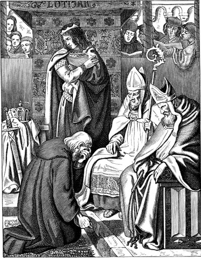 Ludvig den fromme gör bot i Attigny 822 Illustration från det tyska folkets historia av E. Duller, 1840 av Johann Jakob Kirchhoff