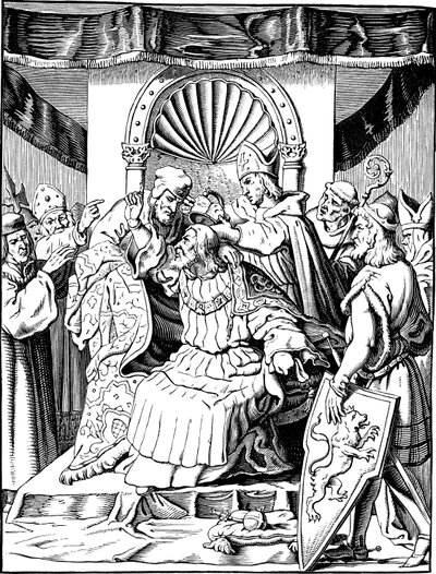 Abdikationen av kejsar Henrik IV i Ingelheim Illustration ur det tyska folkets historia av E. Duller, 1840 av Johann Jakob Kirchhoff