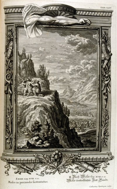 Aron och Hur stödjer Moses hand på Sinai, när israeliterna flydde in i Sinai, uttåg från Egypten av Johann Jakob Scheuchzer