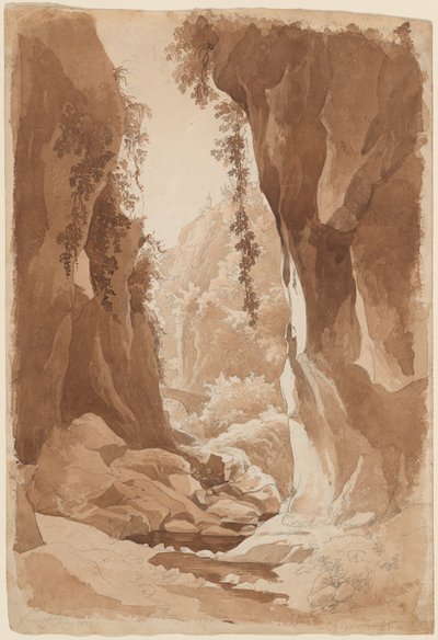 Klippor som hänger över en flodravin nära Sorrento (recto) av Johann Joachim Faber