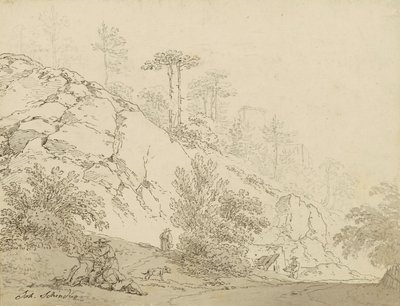 Bönder vilar i stenig terräng, bakgrund slott av Johann Josef Schindler