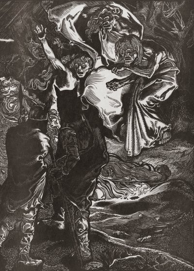 Macbeth och Banquo möter de tre häxorna, 1900-talet (gravyr) av Johann Joseph Aarts