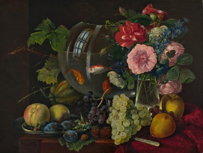 Stilleben med guldfiskskål (olja på trä) av Johann Knapp